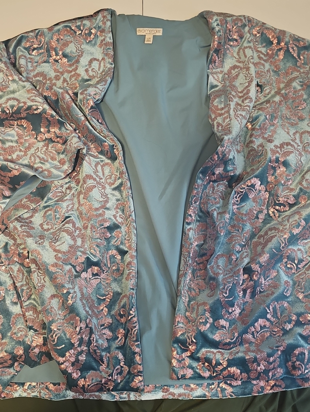 Evomegami Blue Satin Brocade Short Sleeve Jacket with Pink Floral Embroidery